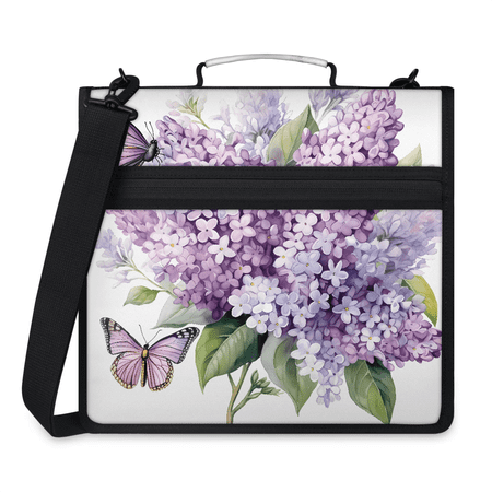 Jiaoprinted Spring Purple Lavender Zipper 3 D-Ring Binder Bag with Shoulder Strap Butterfly Waterproof Expanding Binder Multi-Pocket Portfolio Organizer Case