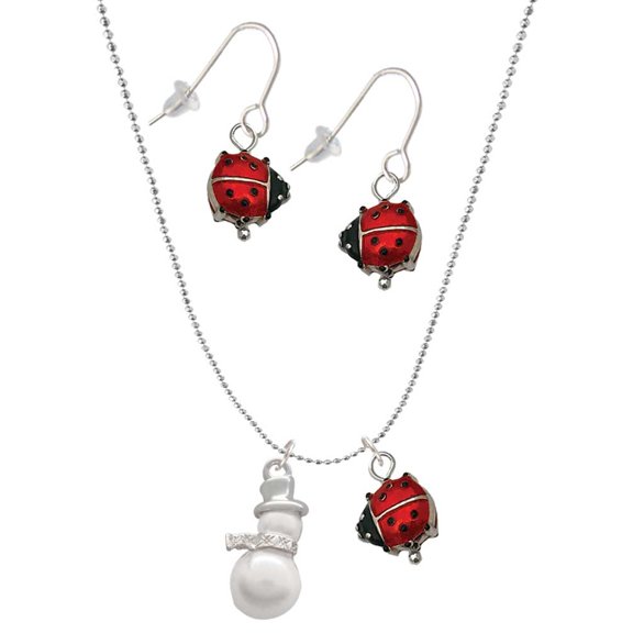 Delight Jewelry Silvertone Imitation Pearl Snowman Red Lucky Ladybug Necklace and Dangle Earrings Set