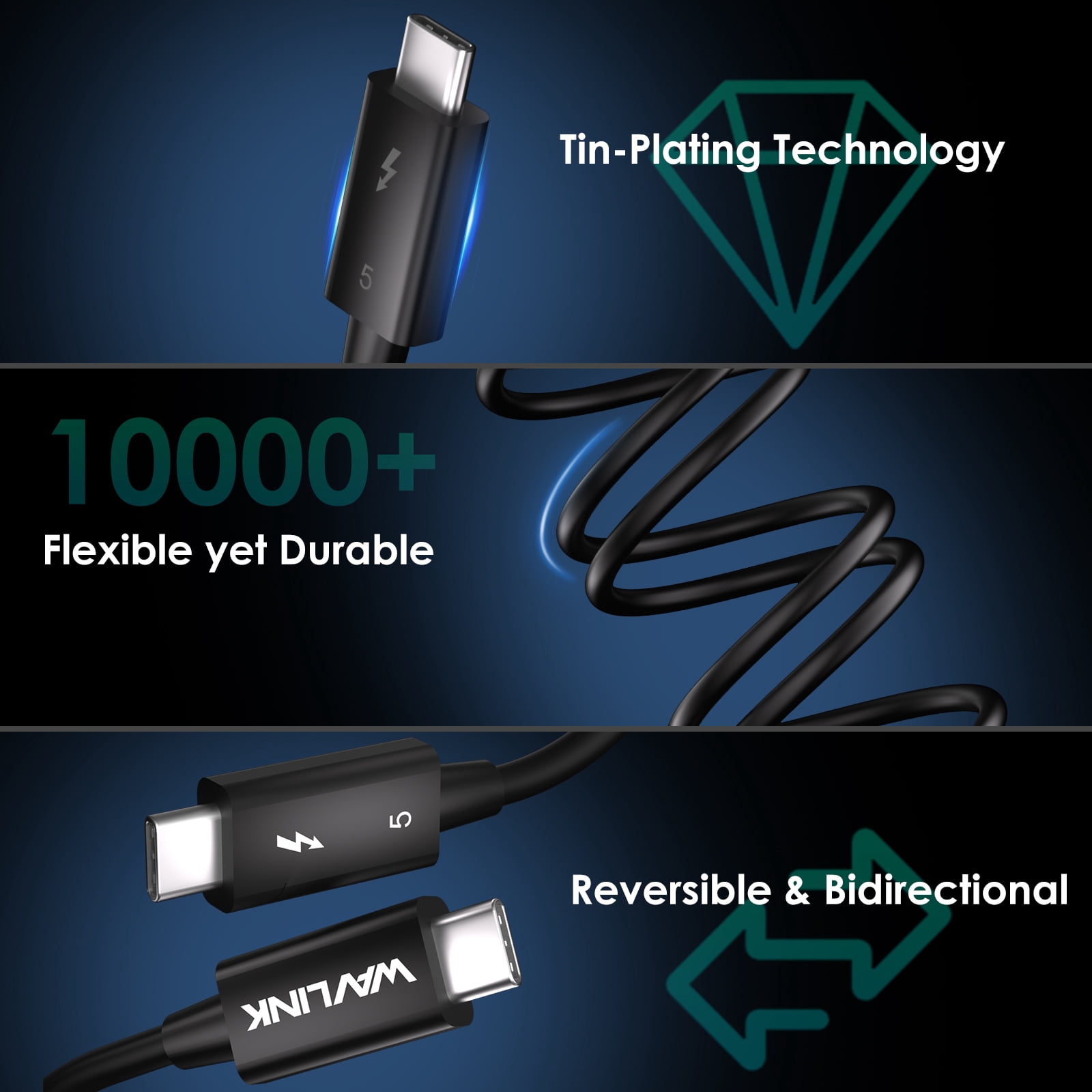 WAVLINK Thunderbolt 5 Cable, 120Gbps Fast Data Transfer and 240W Power Delivery USB-C Cable, 8K/16K Display Support, Backwards Compatible TB4/3/USB4/3, Ideal for Gaming, Laptops, Monitors and Docks