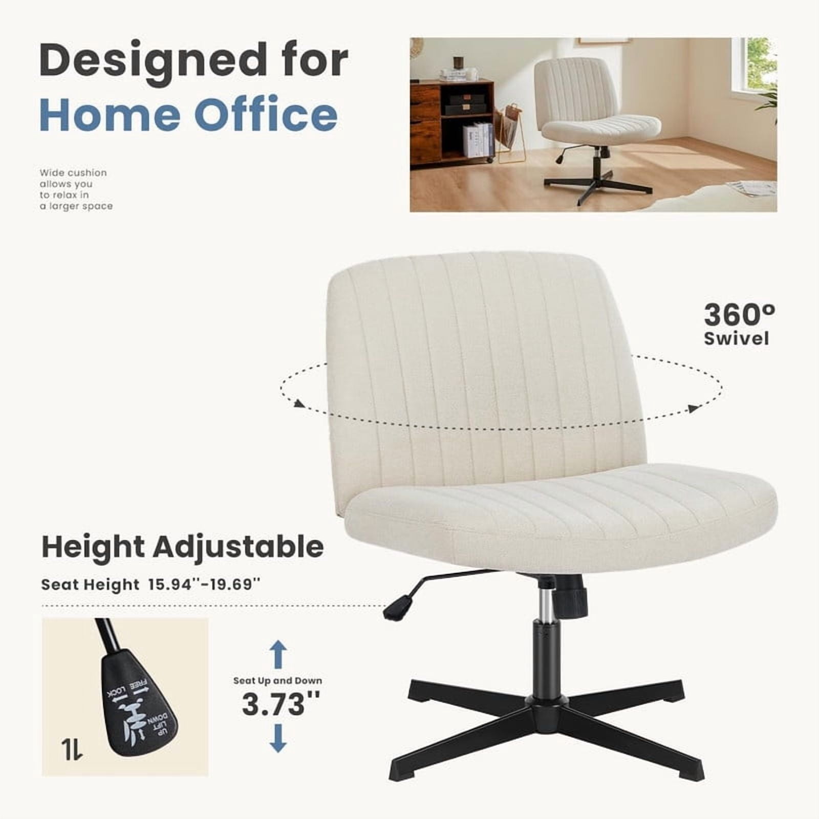Kelno Linen Cross Legged Desk Chair Wide Seat Chair Ergonomic Height Adjustable Swivel Office Vanity Chair, Beige