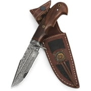 BigCat Roar Deer Hunter Damascus buck knife with sheath - 4.8" Drop-point blade hunting knife - Brown EDC knives for men