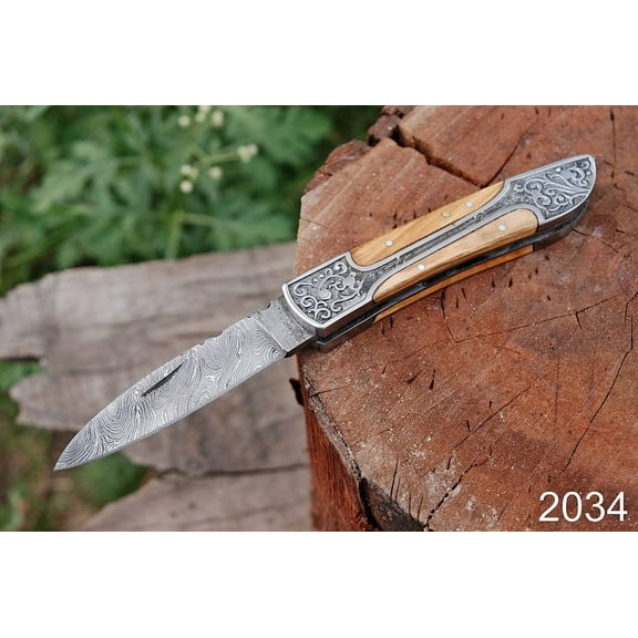 Custom Damascus Steel Folding Knife With Engraved Steel Bolster & Olive Wood Handle