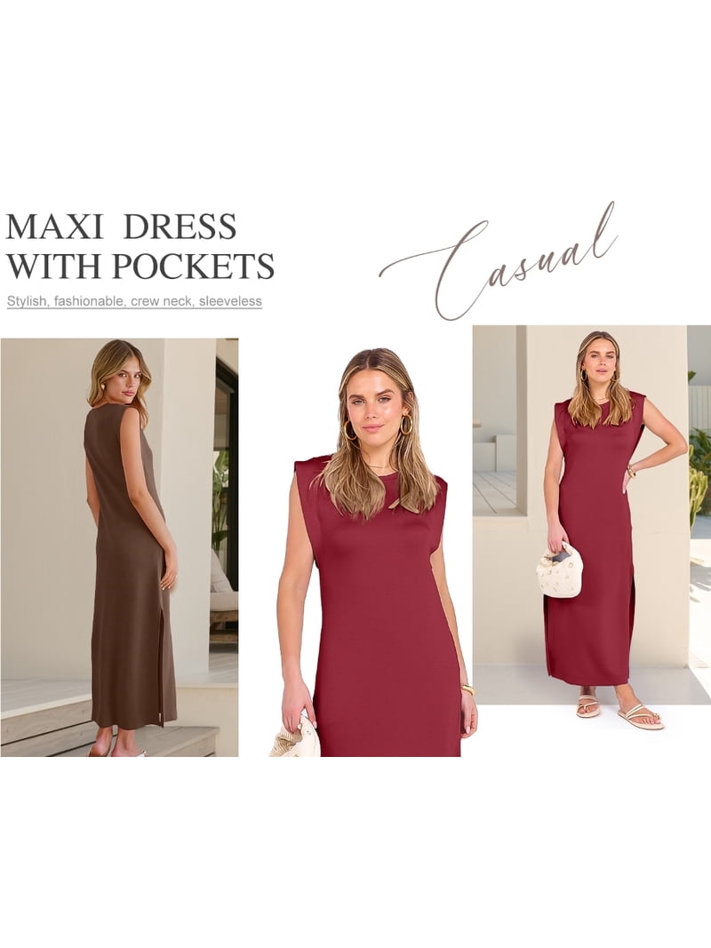 women's casual loose split wrinkle free maxi dress Women Summer Round Neck Casual Loose Split Wrinkle-Free Long Maxi Vacation Dress with Pockets White XL
