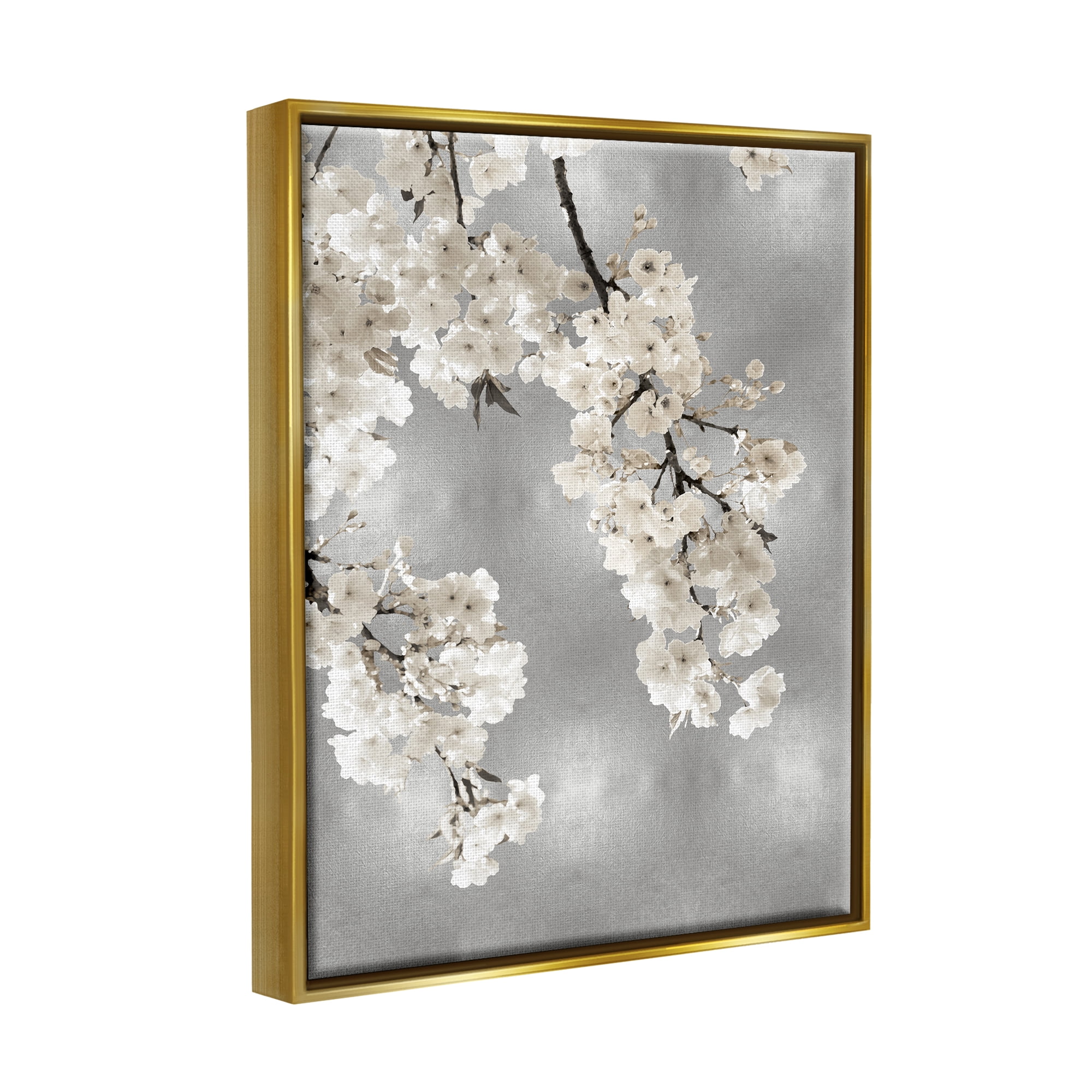 Stupell Industries Modern White Cherry Blossoms Botanical & Floral Painting Gold Floater Framed Canvas Art Print Wall Art, 17 x 21
