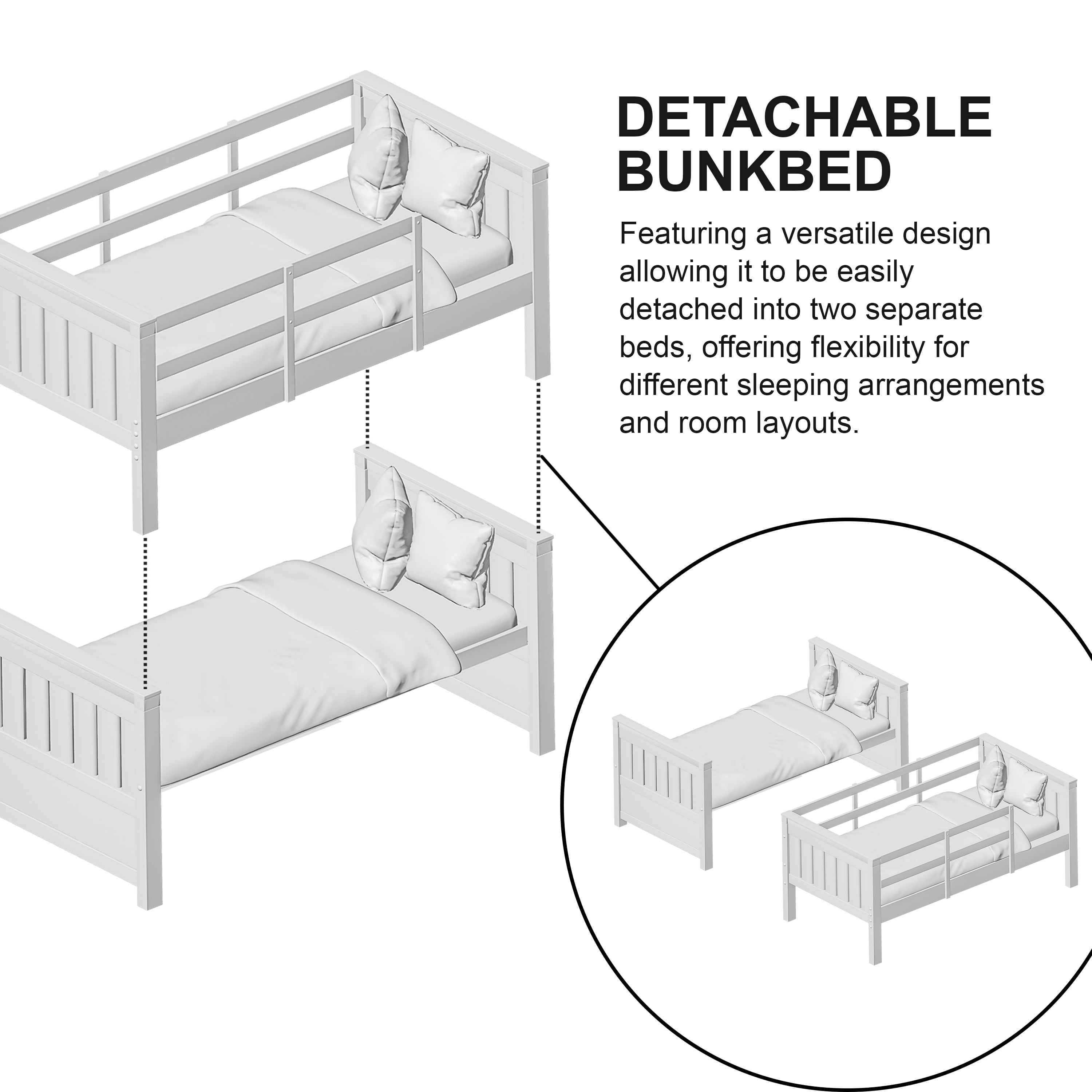 Furniture of America Lively Kids Solid Wood Twin-over-Full Detachable Bunk Bed, White