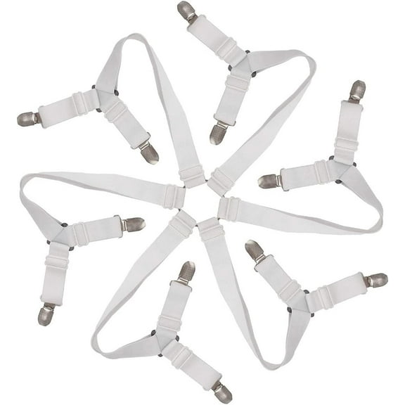 12 Clips Bed Corner Holder Bed Sheet Fasteners Mattress Cover Clips Heavy Duty 6 Sides Sheet Suspenders Elastic Straps Adjustable Sheet Holders Clips Bed Tools (White)