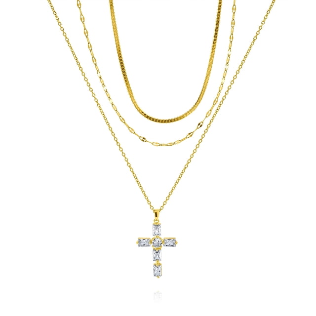 JeenMata Paquete Múltiple de Regalo de 3 Lujosos Collares de Oro Multicapa con Elegante Colgante de Cruz