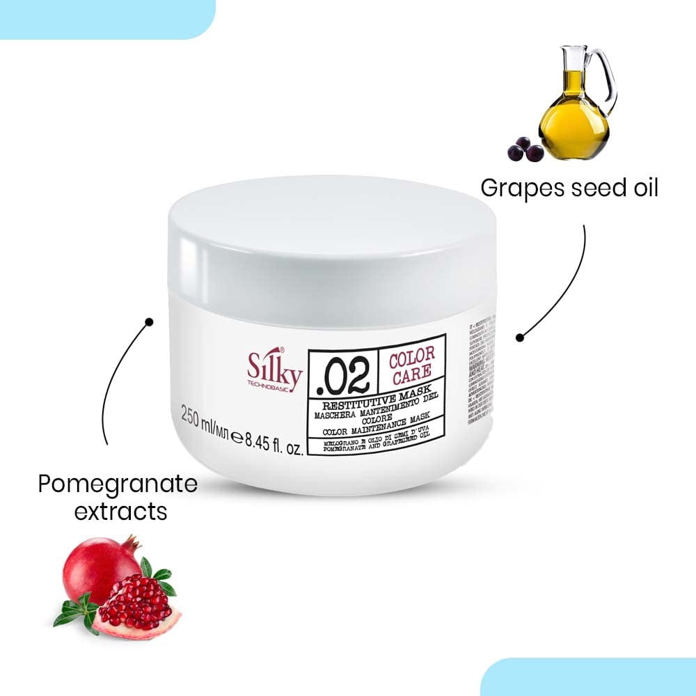 SILKY .02 COLOR CARE RESTITUTIVE MASK | Rich In deep moisturizing Ingredients and Pomegranate Extract for Natural and Shiny Hair (250 ML) 8.45oz