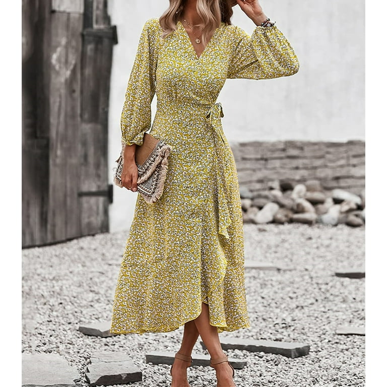 Yoolin Women s Vintage Wrap Dress Floral Print V Neck High Split Long Sleeve Flowy Boho Midi Maxi Dresses with Belt