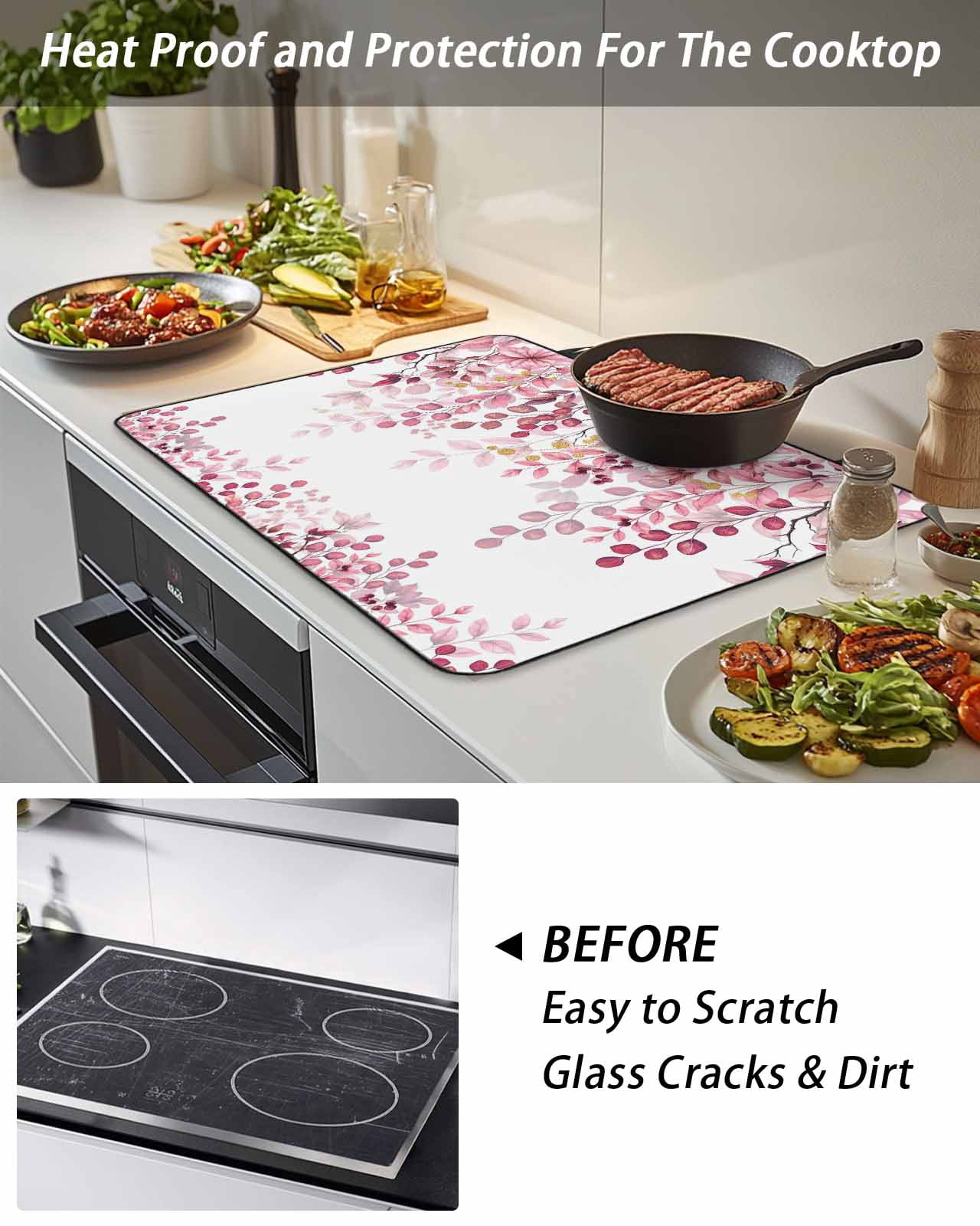 Stove Top Covers for Electric Stove, Pink Eucalyptus Leaves Glass Stovetop Cover Protector, Summer Botanical Watercolor Induction Cooktop Protector Oven Mat for Kitchen Countertop 36"x21"