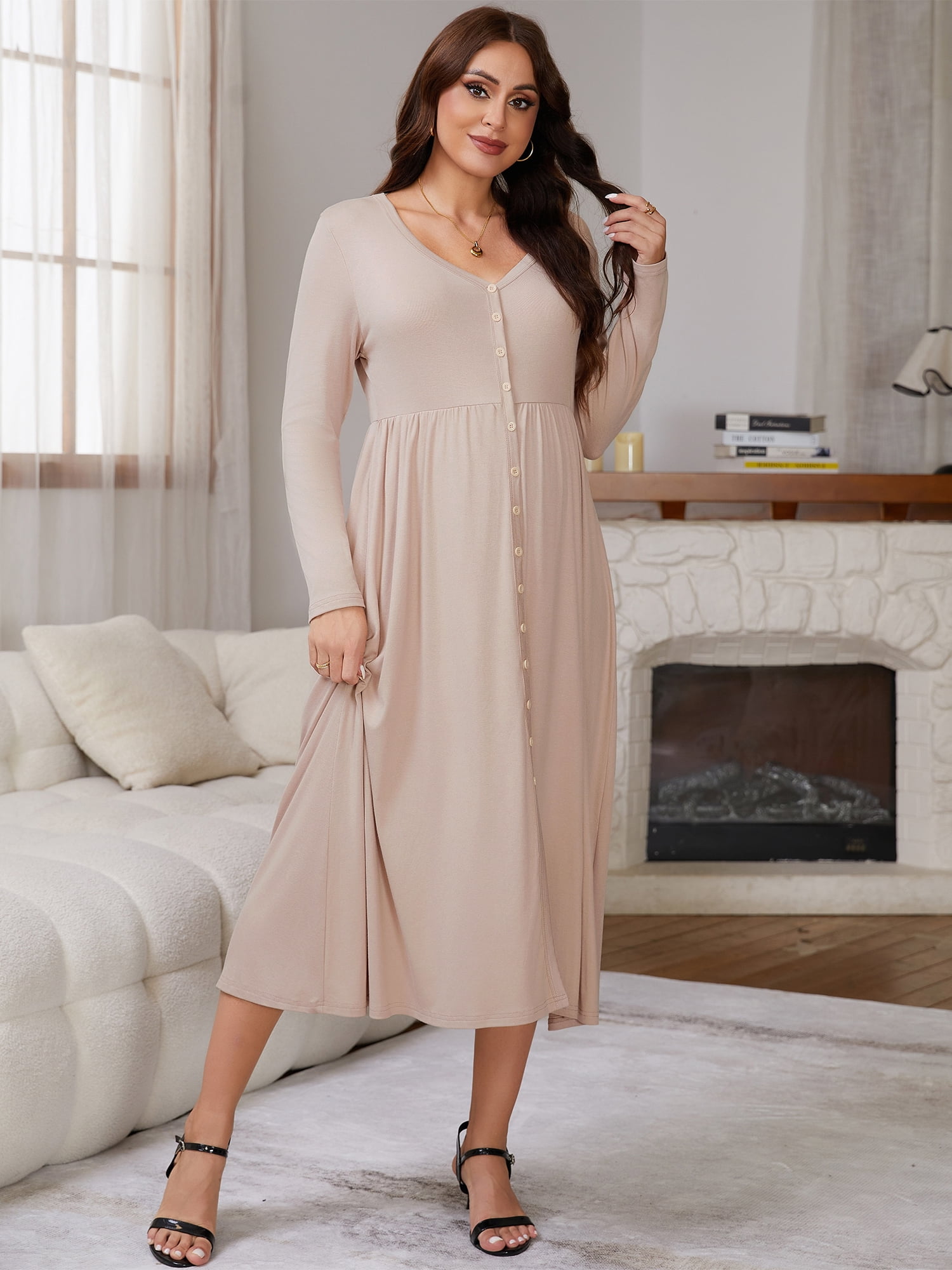 DARING DIVA Women's Soft A-line Maternity Dresses Long Sleeve Maxi Dress 2XL Khaki