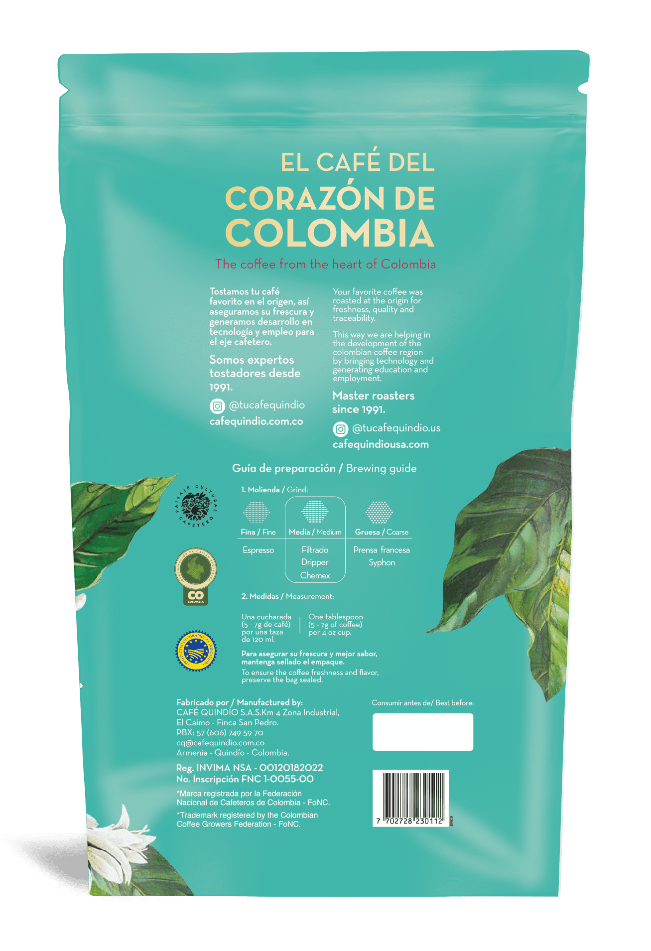 Cafe Quindio Gourmet - Medium Roast 100% Colombian Excelso Whole Bean Arabica Coffee - 88 Ounce Bag (2500g)