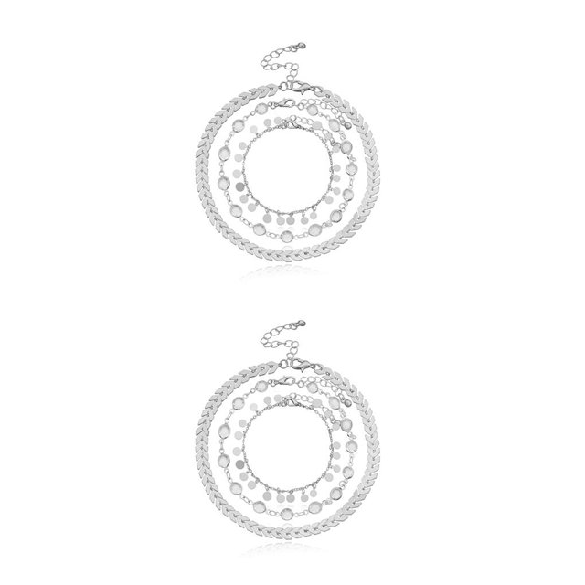 Thinsony 1 Set Adjustable Layered Anklets Wear-resistant Alloy Ankle Bracelets with Rhinestones Valentines Day for Holiday Silver 2Set