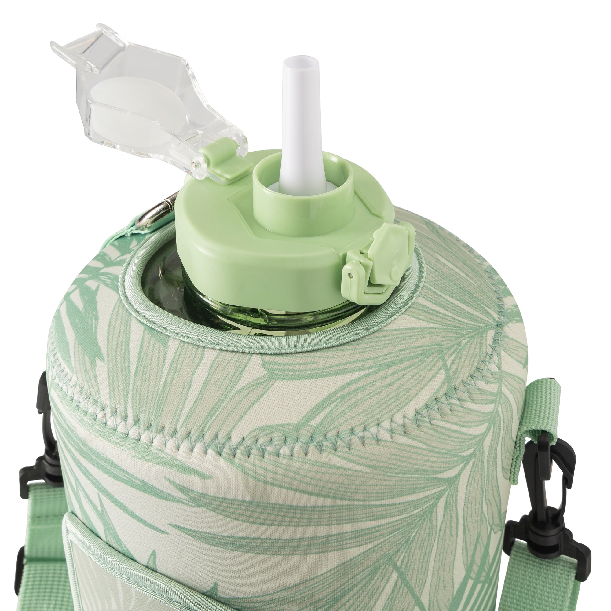 TAL Motivational Gallon Jug Water Bottle with Handle, Push Button Lid & Straw, Neoprene Sleeve, Easy-Carry Strap, Green Palms