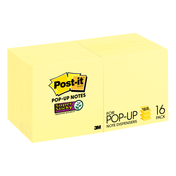 Post it® Super Sticky Pop up Notes, 3" x 3", Canary Yellow, Pack Of 16