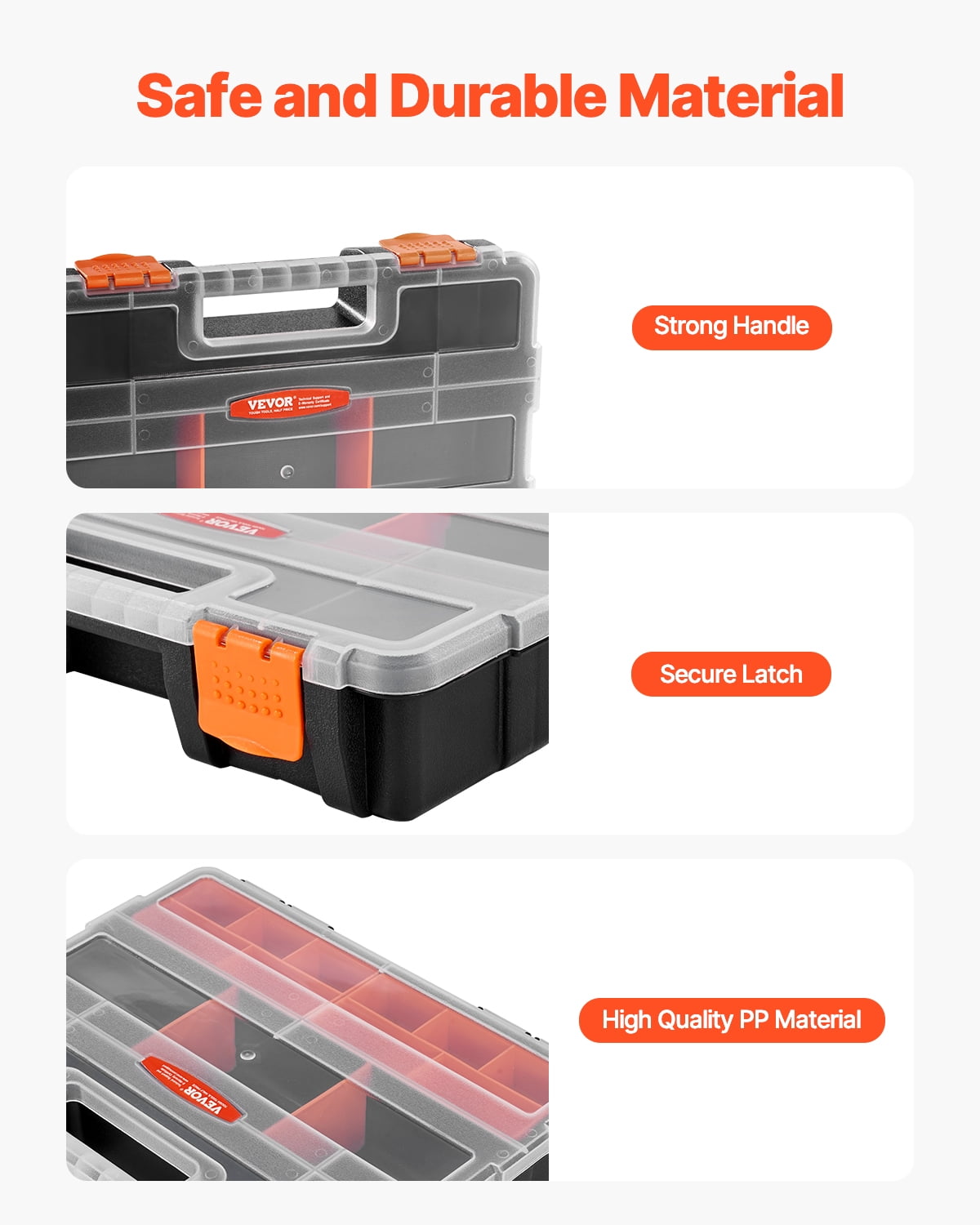 VEVOR 3-Pack Small Parts Organizer, 21 Compartments Tools Organizer Box with Removable Dividers, High-Quality PP Hardware Storage Box with Safety Latch & Portable Handle for Nuts, Bolts,Screws,Nails