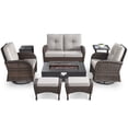 thumbnail image 6 of POCASSY Patio Furniture Sets with Fire Pit, Brown Wicker Patio Furniture with Glider Loveseat, Patio Swivel Glider Chair, Propane Firepit Table, 7-Piece Outdoor Conversation Set for Deck in Beige, 6 of 20