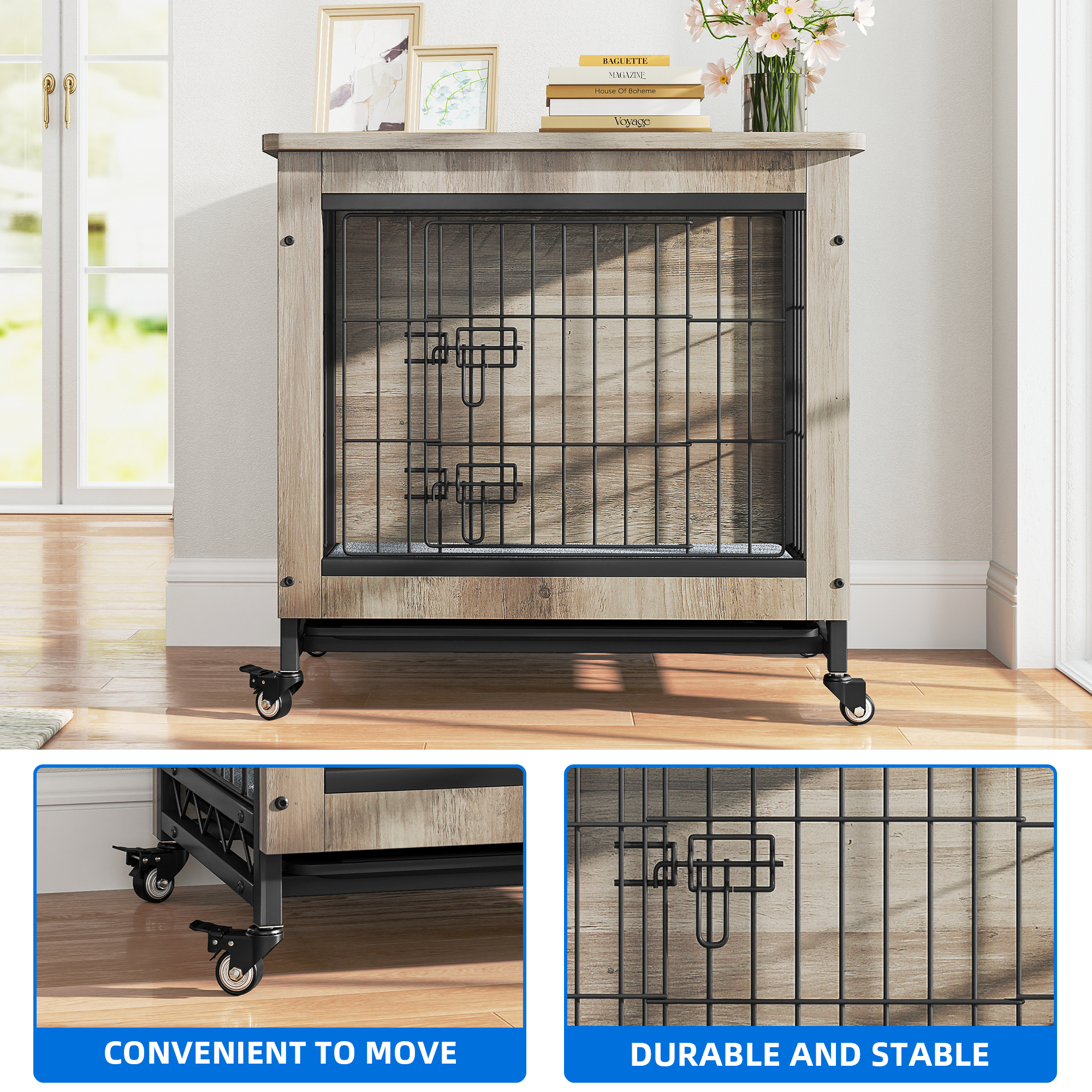 Dextrus Dog Crate Furniture  with Double Doors, Indoor Dogs Kennel with Wheels,Dog Crate End Table with Cushion & Tray-27.1"L x 18"W x 24.8"H,Gray