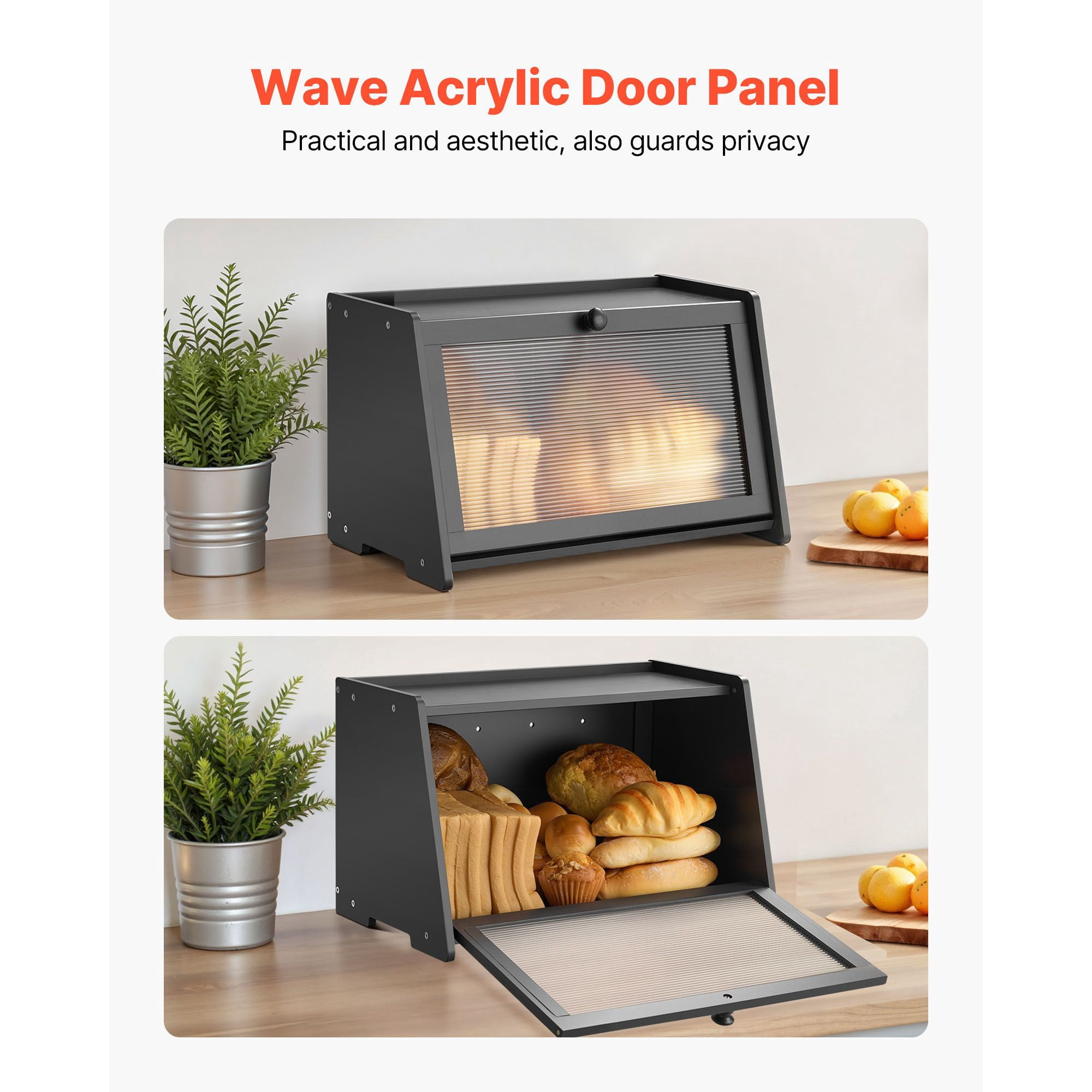 Farmhouse Bread Box with Acrylic Door, Bamboo Construction, Ventilation Holes, Single-Layer Large Capacity, Non-Slip Base for Kitchen Counter