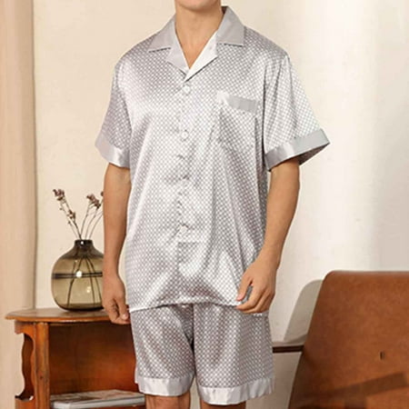 

Qiaocaity Men Solid Casual Button Closure Print Short-sleeve Pajama Shorts Set with Pockets Christmas Gifts Silver S