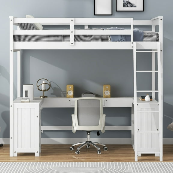 Twin /Full Size Loft Bed with U-shaped Desk, Drawers and Storage Shelves