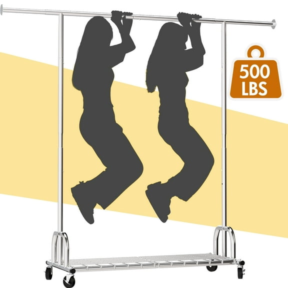 Baokaler 500 lbs Clothing Rack Heavy Duty Hanging Rack with Shelves Collapsible Clothes Racks on Wheels Rolling Garment Rack for Hanging Clothes Portable Adjustable, Chrome Finish