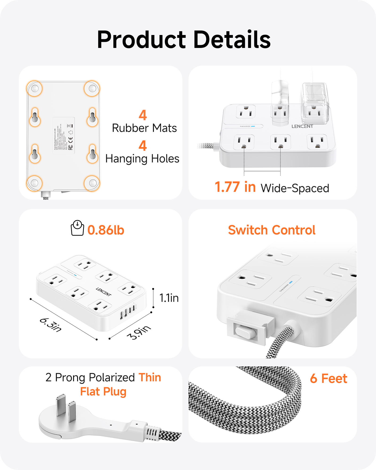 LENCENT 2-Prong Power Strip with 6ft Extension Cord photo 4