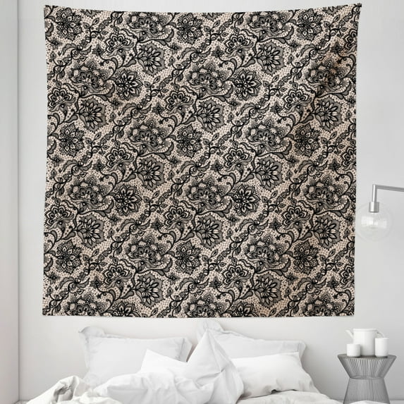 Gothic Tapestry, Abstract Graphic Lace Pattern Flowers Butterflies Old Fashioned Nature Inspired, Fabric Wall Hanging Decor for Bedroom Living Room Dorm, 5 Sizes, Tan Black, by Ambesonne
