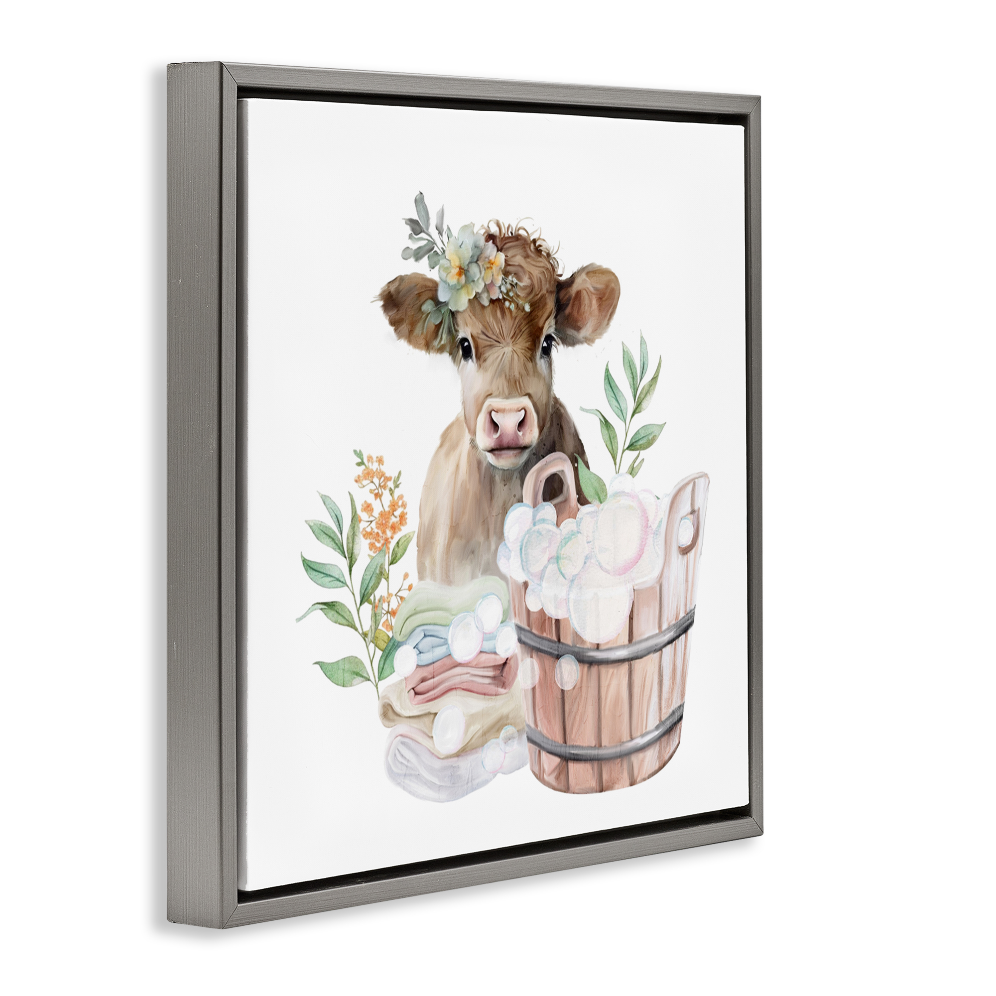 Laundry Day Baby Cow Gray Framed Floater Canvas Wall Art, design by Kim Allen
