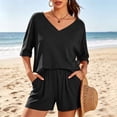 thumbnail image 3 of Zynoxe Womens 2 Piece Outfits Fashion V Neck Short Sleeve Top Elastic Waist Shorts Set Lightweight Breathable Summer Sets Versatile Casual Loose Solid Color Casual Loungewear with Pockets XL, 3 of 10