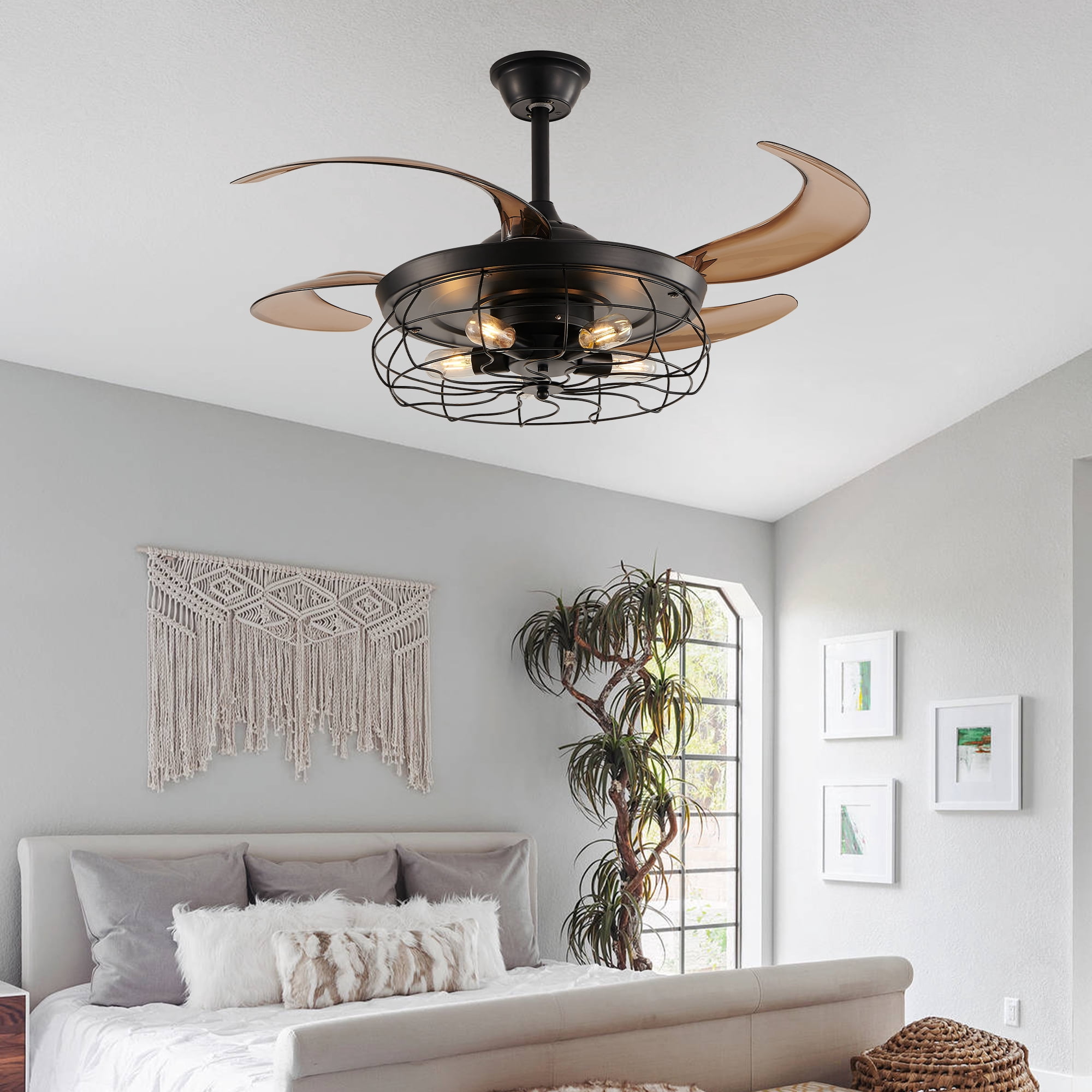 48 Inch Retractable Ceiling Fan with Lights and Remote, Industrial Caged Fandelier with 4 Blades, 6-Speed Reversible DC Motor