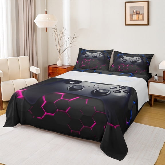 Feelyou Cartoon Game Console Twin Sheet Sets for Kid, Glowing Honeycomb Twin Fitted Sheet, Pink Blue Abstract Flat Sheet, Microfiber Bedroom Decor, 3pcs