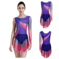thumbnail image 3 of Aislor Women's Figure Ice Skating Dress Long Sleeve Rhinestones Irregular Mesh Bodysuit Ballet Dance Costume Purple 3XL, 3 of 7