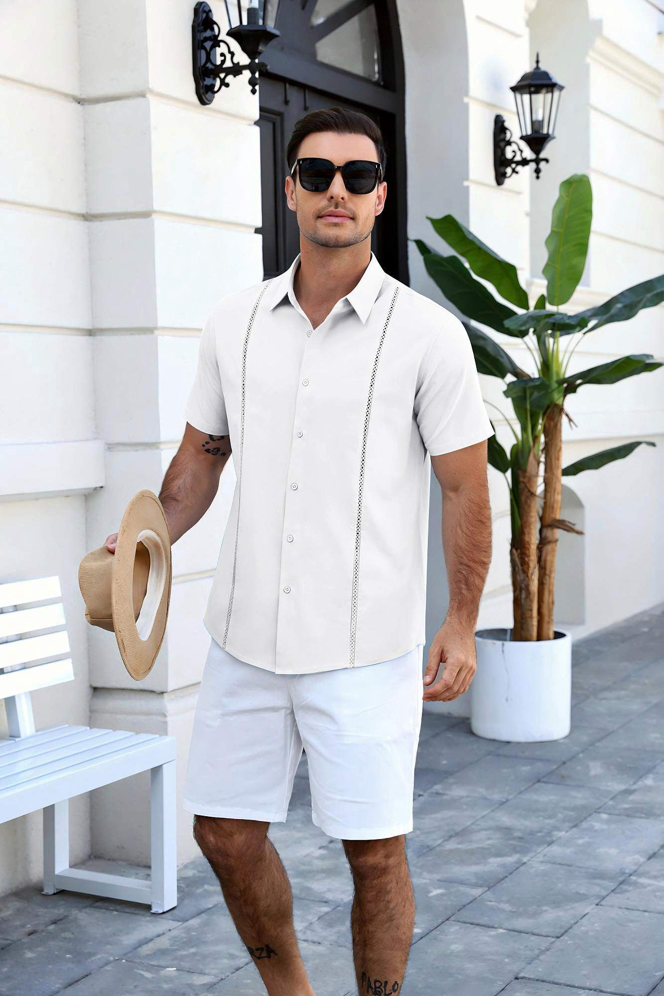 COOFANDY Men's Relaxed Fit Button-Up short Shirt with Decorative Stripes - Casual and Office Wear