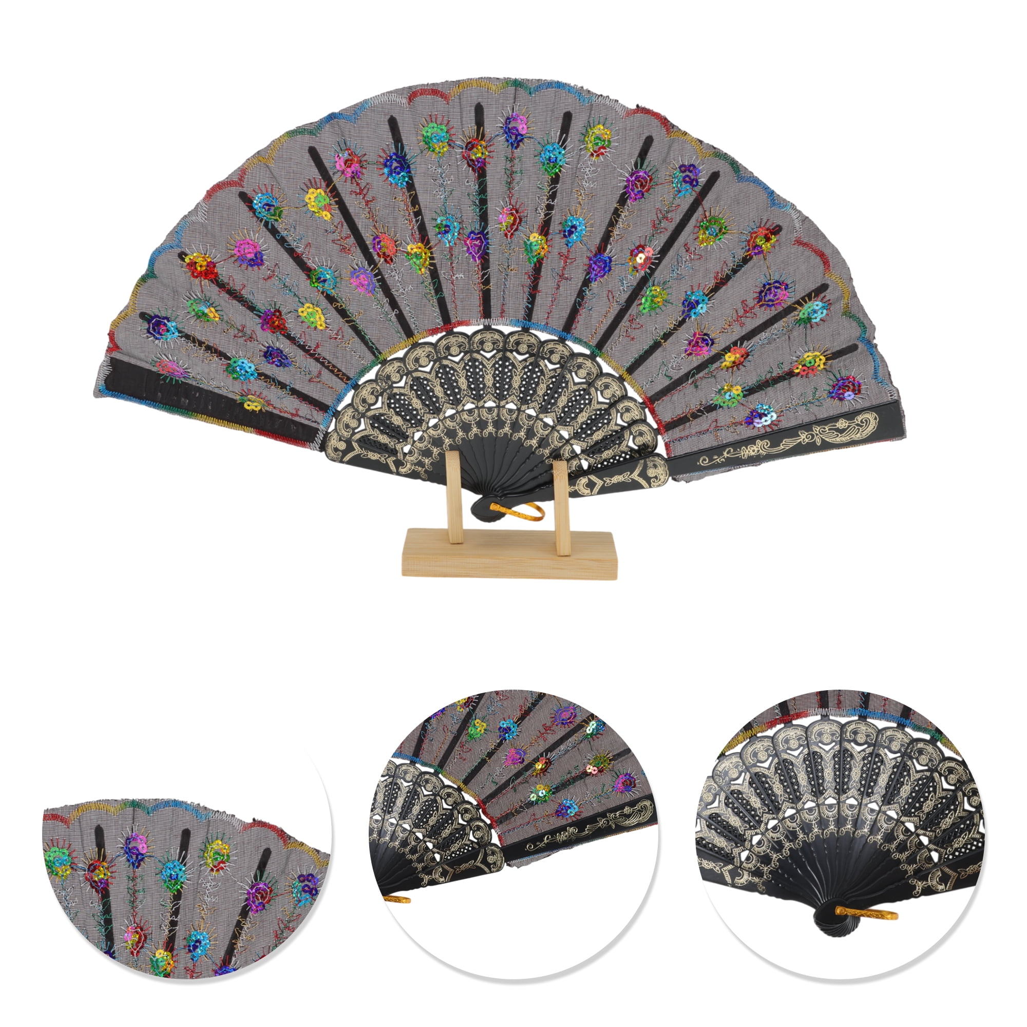 Unique Bargains Beautiful Sequins Folding Fan 1 Pc Colorful