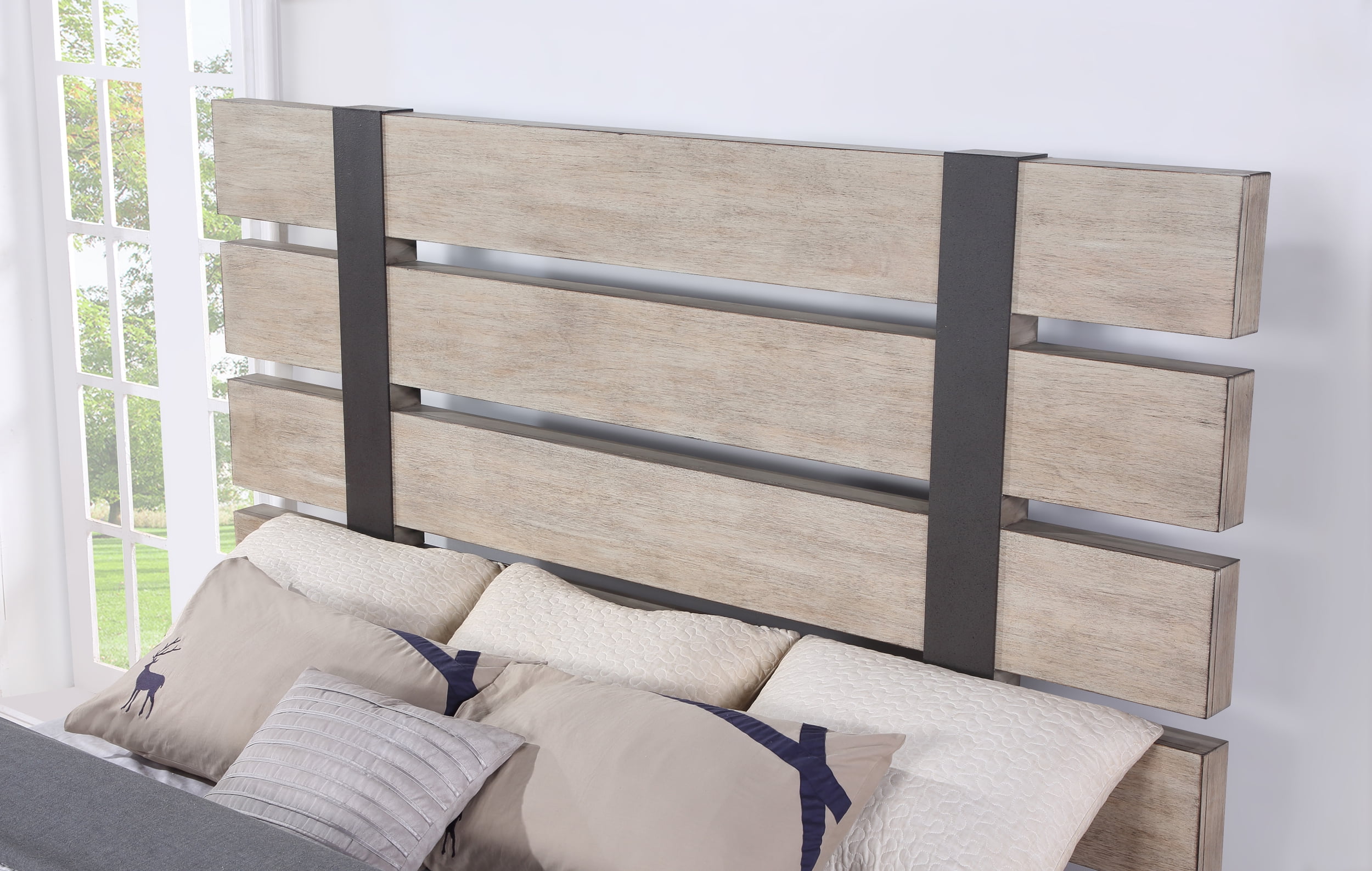 Arbela Wood Slatted Panel Bed with Dresser, Mirror, and Two Nightstands, King, Weathered Oak Finish