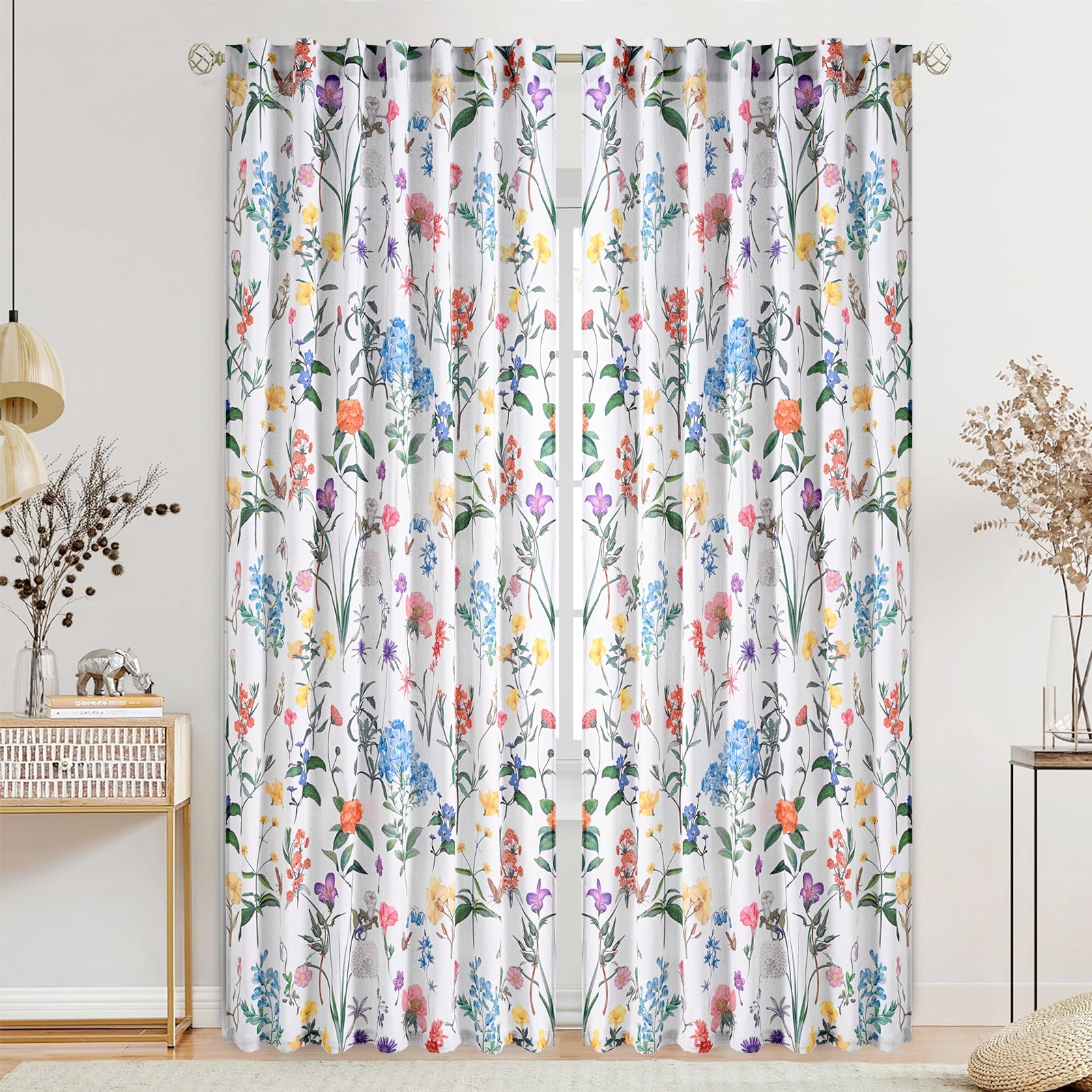 Invoibler Farmhouse Floral Semi Sheer Light Filtering Curtains, Cotton Blend Window Drapes for Living Room Bedroom, 52" W x 84" L, Set of 2