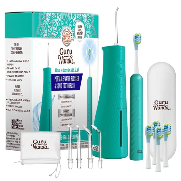 GuruNanda Lion & Lamb Kit 2.0 Electric Toothbrush with Water Flosser, 4 Jet Tips, 4 Brush Heads, Teal