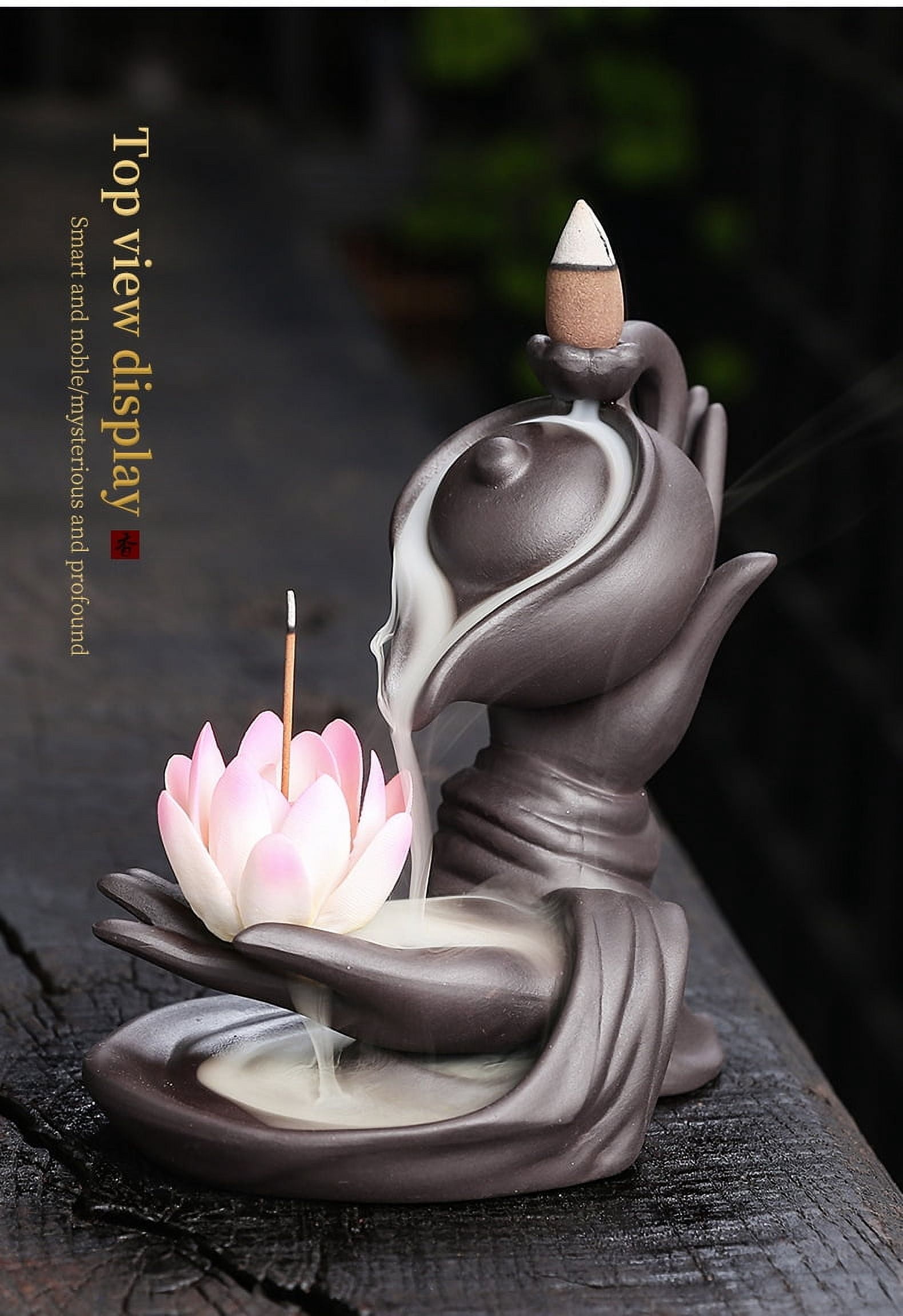Buddha Hand Series Backflow Incense Burner Indoor Smoke Waterfall Incense Holder Creative Lotus Ceramic Incense Burner (White Lotus)