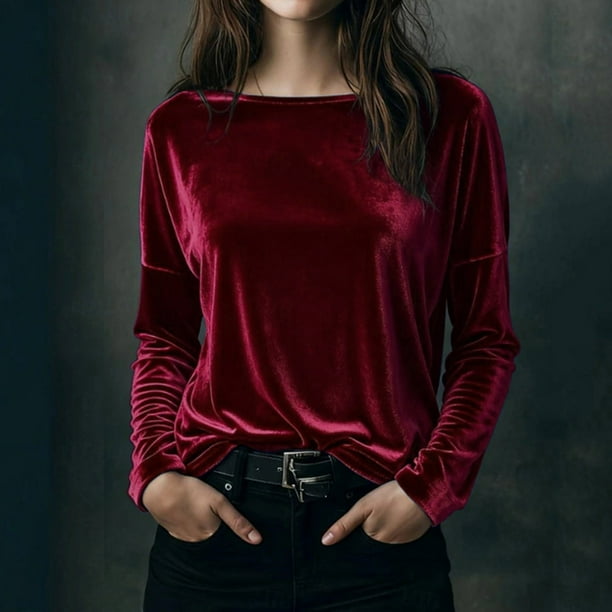Karight Velvet Tops for Women Long Sleeve Crew Neck Tshirts Casual Loose Fit Tunic Blouses Elegant Party Dressy Outfits