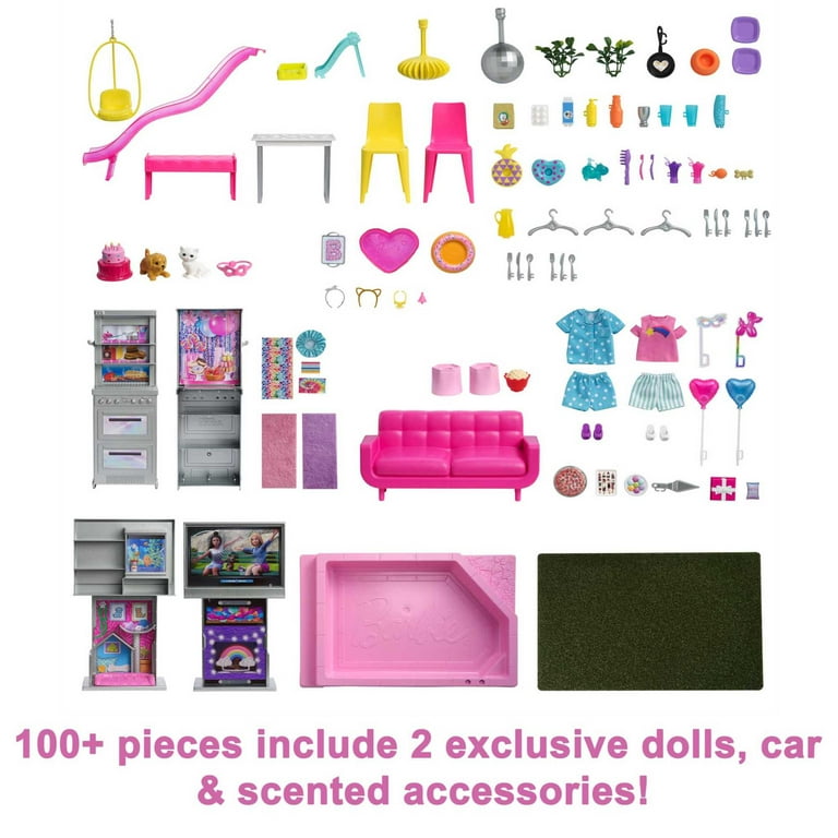 Barbie Deluxe Special Edition 60th DreamHouse Playset with 2 Dolls Car 100 Pieces