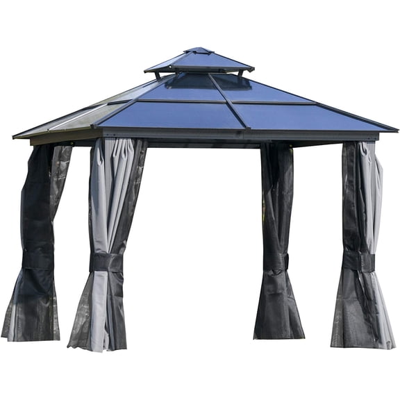 Outsunny 10' x 10' Hardtop Gazebo Canopy with Polycarbonate Double Roof, Aluminum Frame, Permanent Pavilion Outdoor Gazebo with Netting and Curtains for Patio, Garden, Backyard, Deck, Lawn, Gray Dark Grey/Charcoal grey 10' x 10'