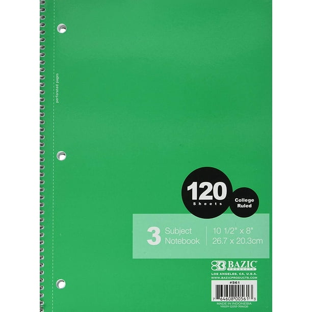 4 Pk, Bazic College Ruled 3subject Spiral Notebook, 120 Sheets (Colors