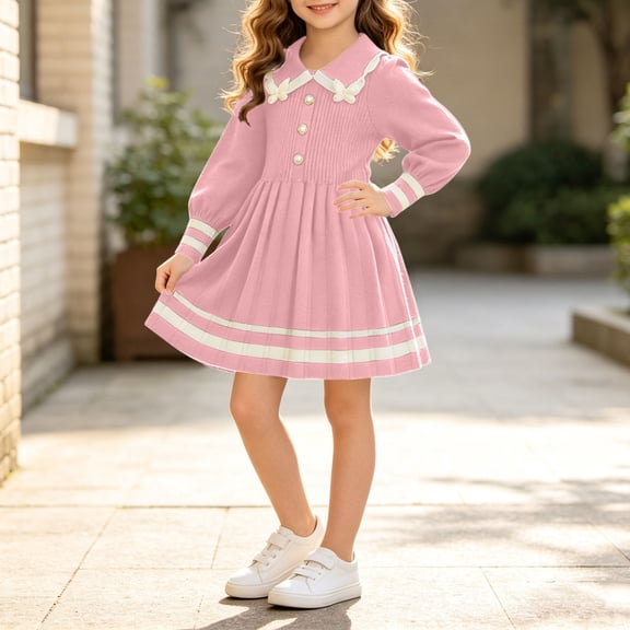 Girls Knit Dress Long Sleeve Peter Pan Collar A Line Dress Little Girl Cute Ruched Waist Preppy Outfits for Back to School Pink 7-8 Years
