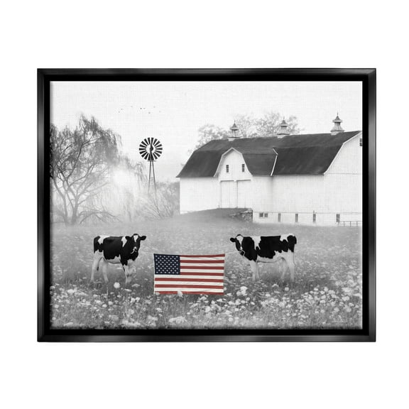 Stupell Americana Barn Country Cows Flag Animals & Insects Painting Black Floater Framed Art Print Wall Art