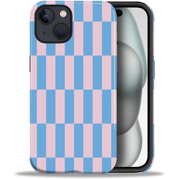 Case for iPhone 15 Plus, Lovely Phone Case for Girls Women, Scratch Resistant Shockproof Protective Cover-Blue Pink Striped Pattern