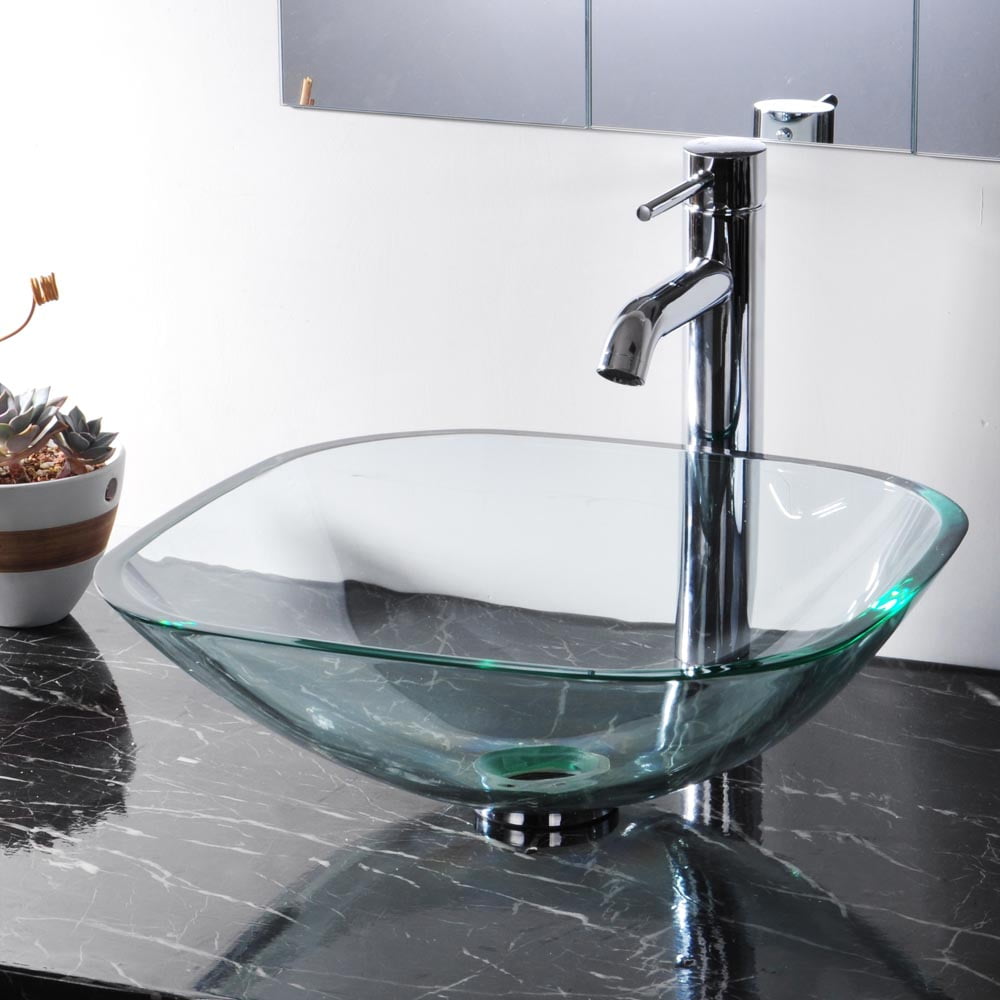 Aquaterior Bathroom Tempered Glass Vessel Sink Natural Clear Square Shape Transparent Basin