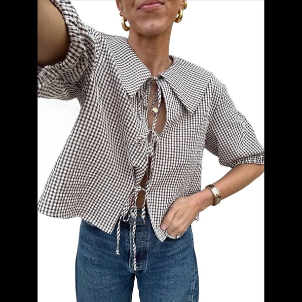 Tops con Lazo Delantero para Mujer, Top Babydoll con Peplum y Estampado de Leopardo Y2K, 3/4, Mangas Abullonadas, Bonitos Tops para Salir Marrón M