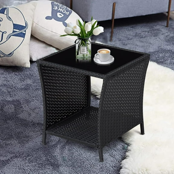 Kinbor Outdoor Side Table Wicker Rattan Side Tables, End Table for Patio with Glass Top Rattan Storage, Black