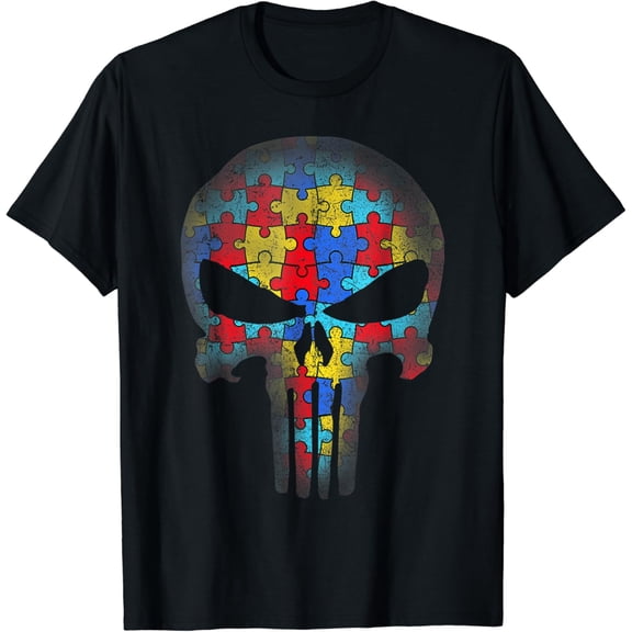 Skull Autism Awareness Puzzle Piece Mens Shirt BLACK Unisex S-5XL Hot Trending Shirt